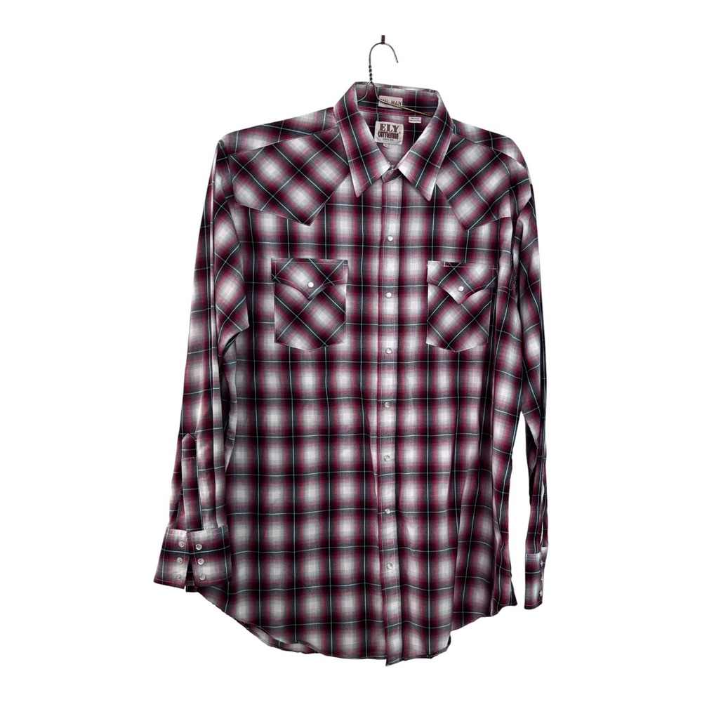 Ely Cattleman Mens XLT Plaid Western Snap Shirt Tall Man Red Black Pearl Snap